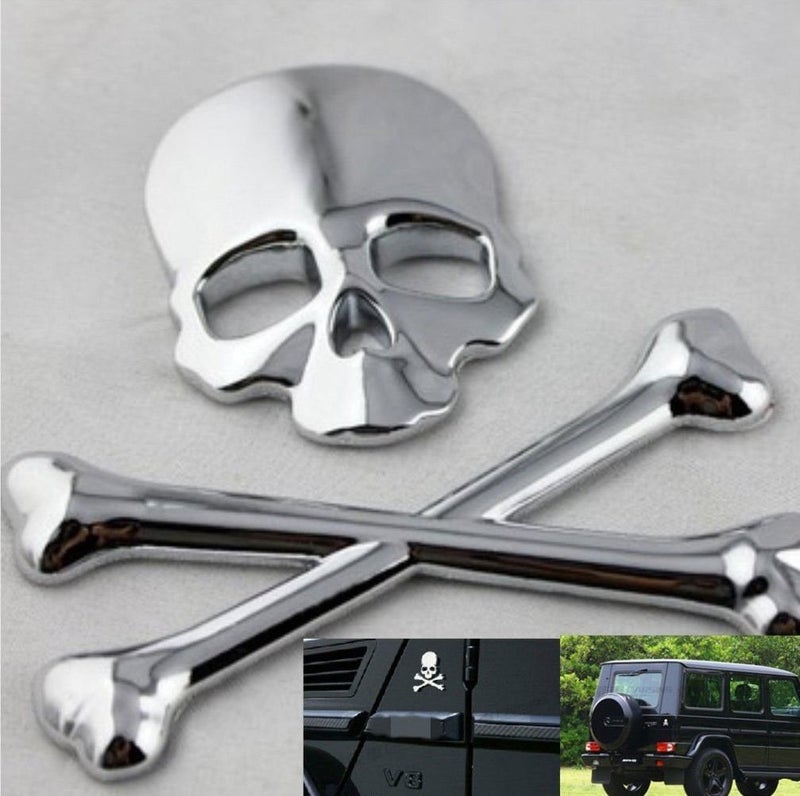 T Tocas 3D Skull Crossbone Car Metal Badge Sticker Decal Emblem Skeleton Emblem Badge for Trucks Motorcycle (Silver) - Image 3